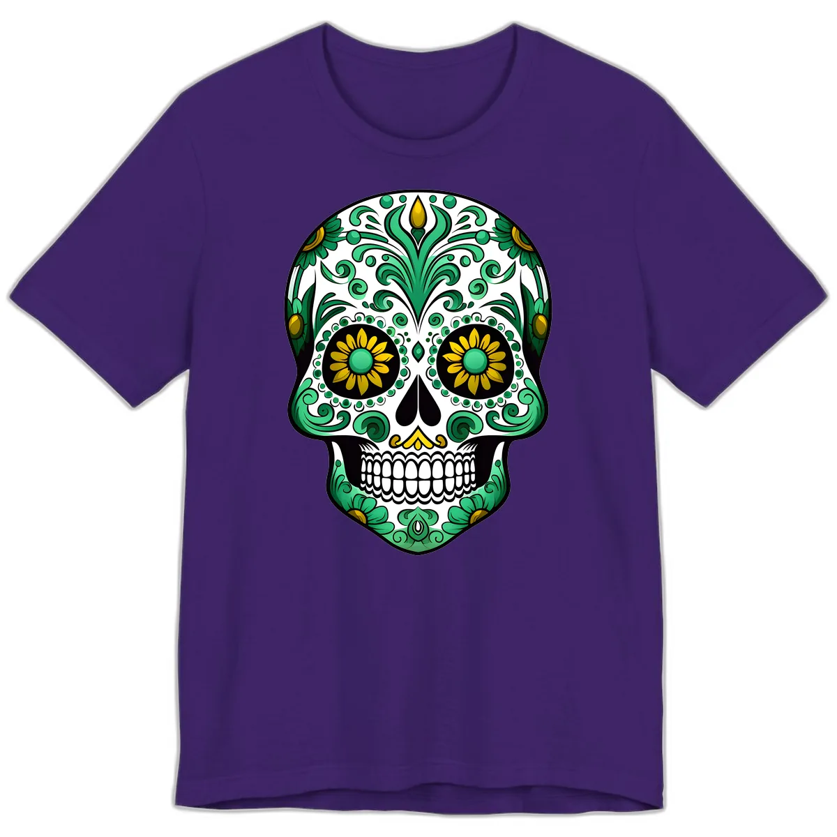 Elegant Green and Gold Floral Calavera Skull Premium T-Shirt in Team Purple