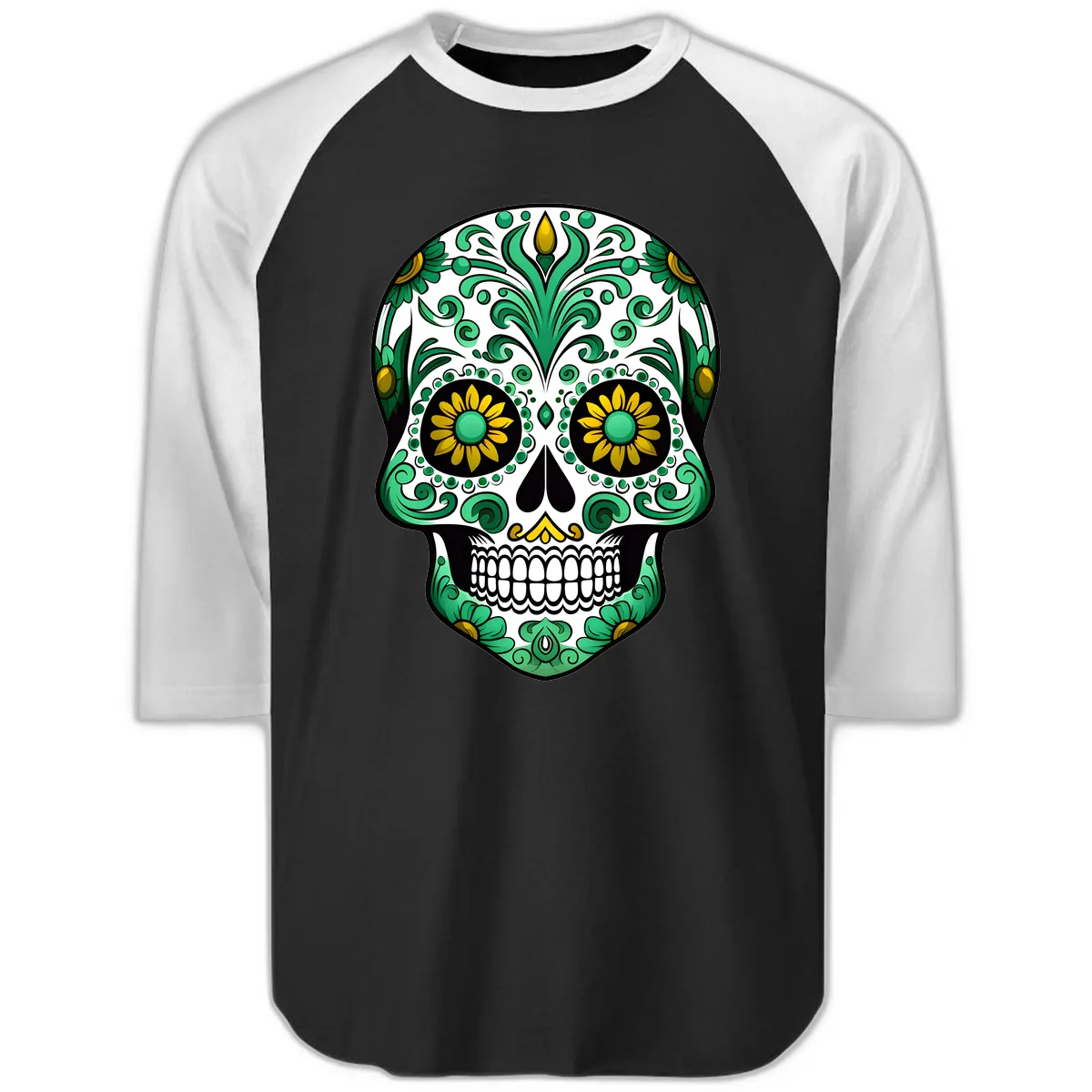 Elegant Green and Gold Floral Calavera Skull Raglan 3/4 in Black White
