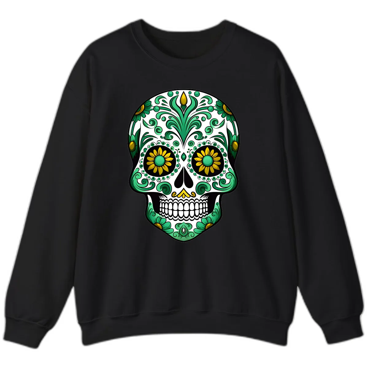 Elegant Green and Gold Floral Calavera Skull Sweatshirt in Black