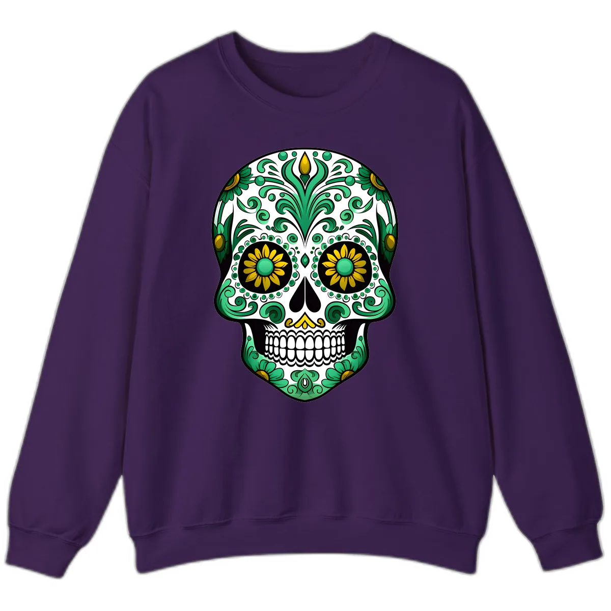 Elegant Green and Gold Floral Calavera Skull Sweatshirt in Purple