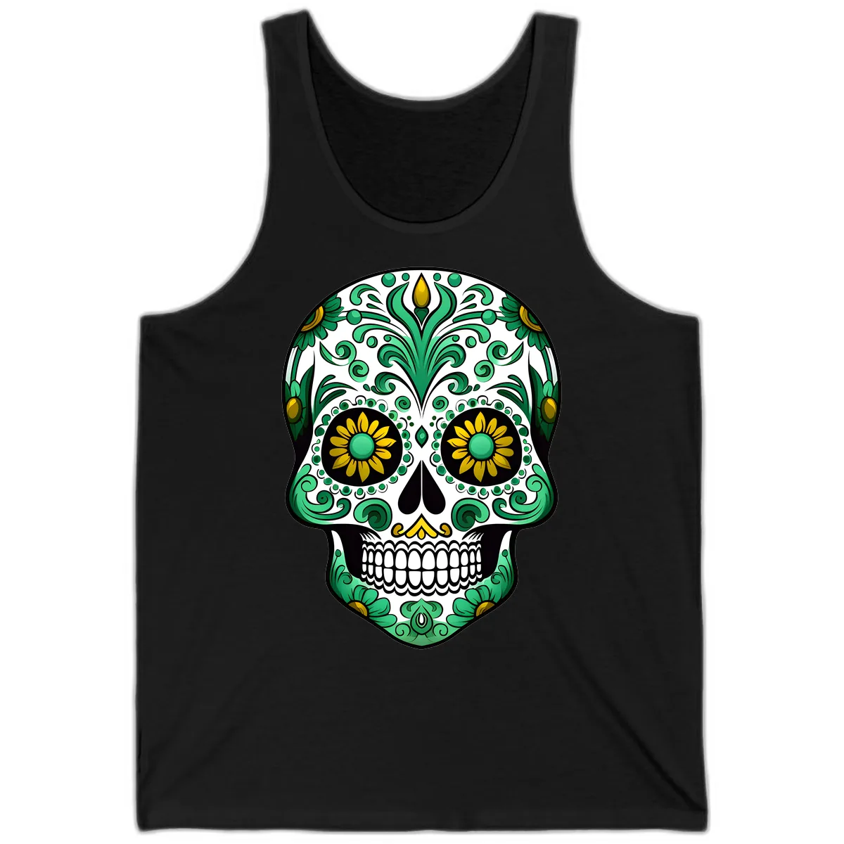 Elegant Green and Gold Floral Calavera Skull Tank in Black