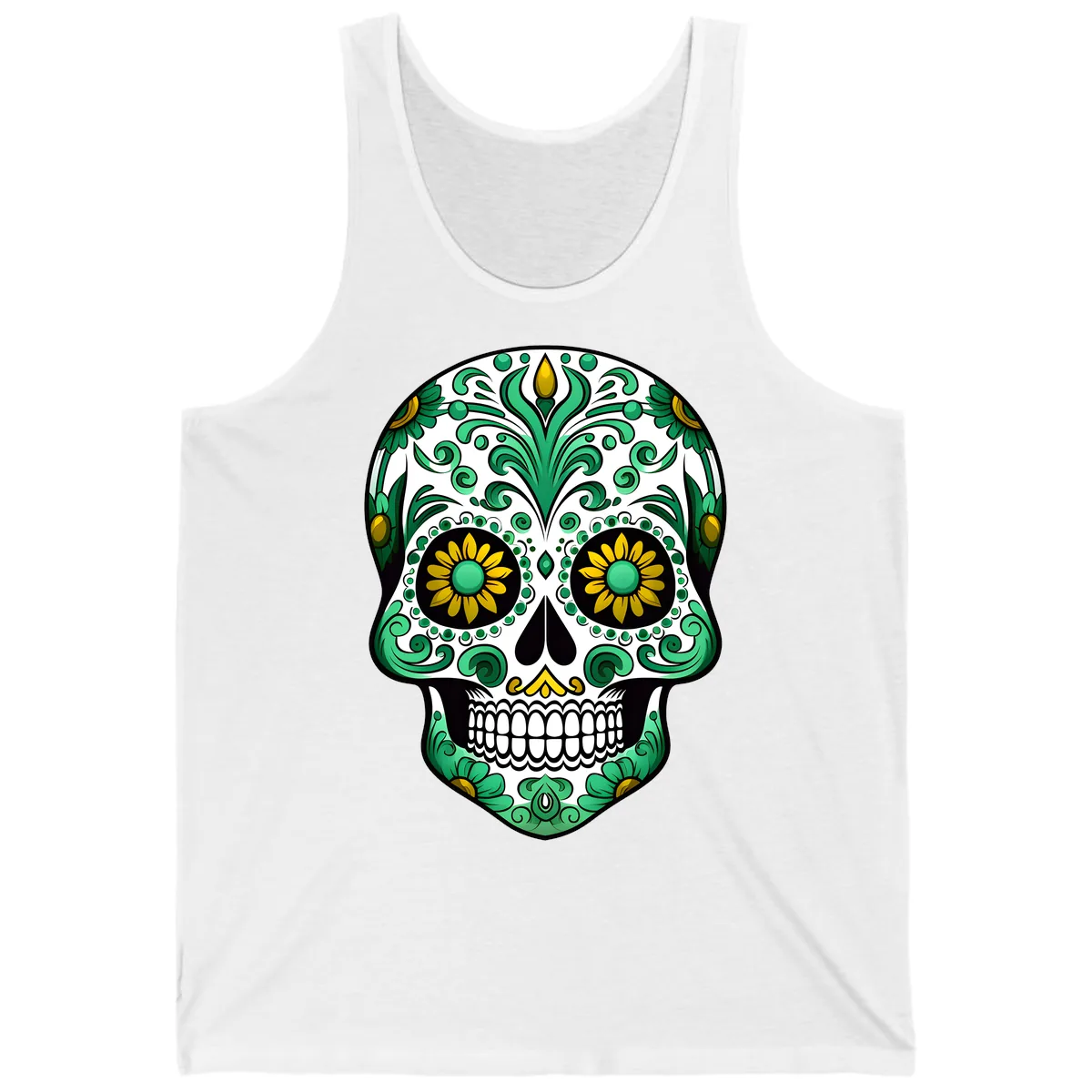 Elegant Green and Gold Floral Calavera Skull Tank in White