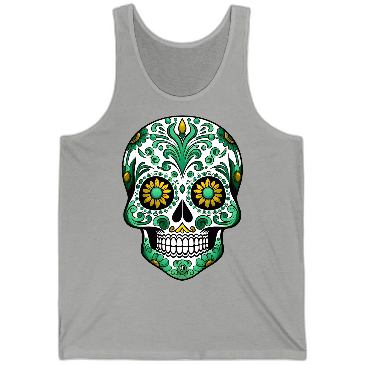 Elegant Green and Gold Floral Calavera Skull Tank in Athletic Heather