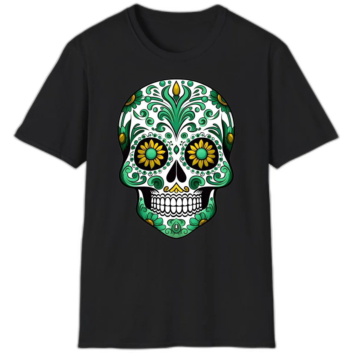 Elegant Green and Gold Floral Calavera Skull T-Shirt in Black
