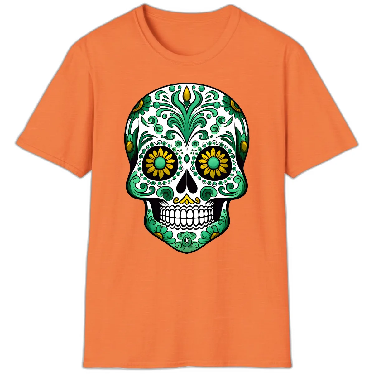 Elegant Green and Gold Floral Calavera Skull T-Shirt in Heather Orange