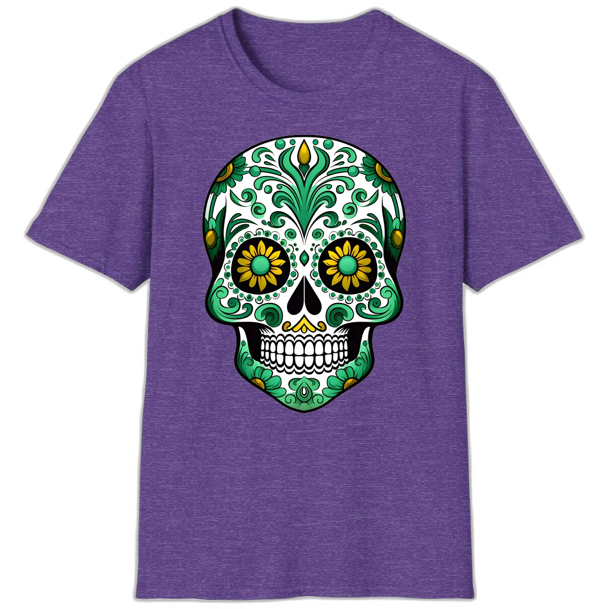 Elegant Green and Gold Floral Calavera Skull T-Shirt in Heather Purple