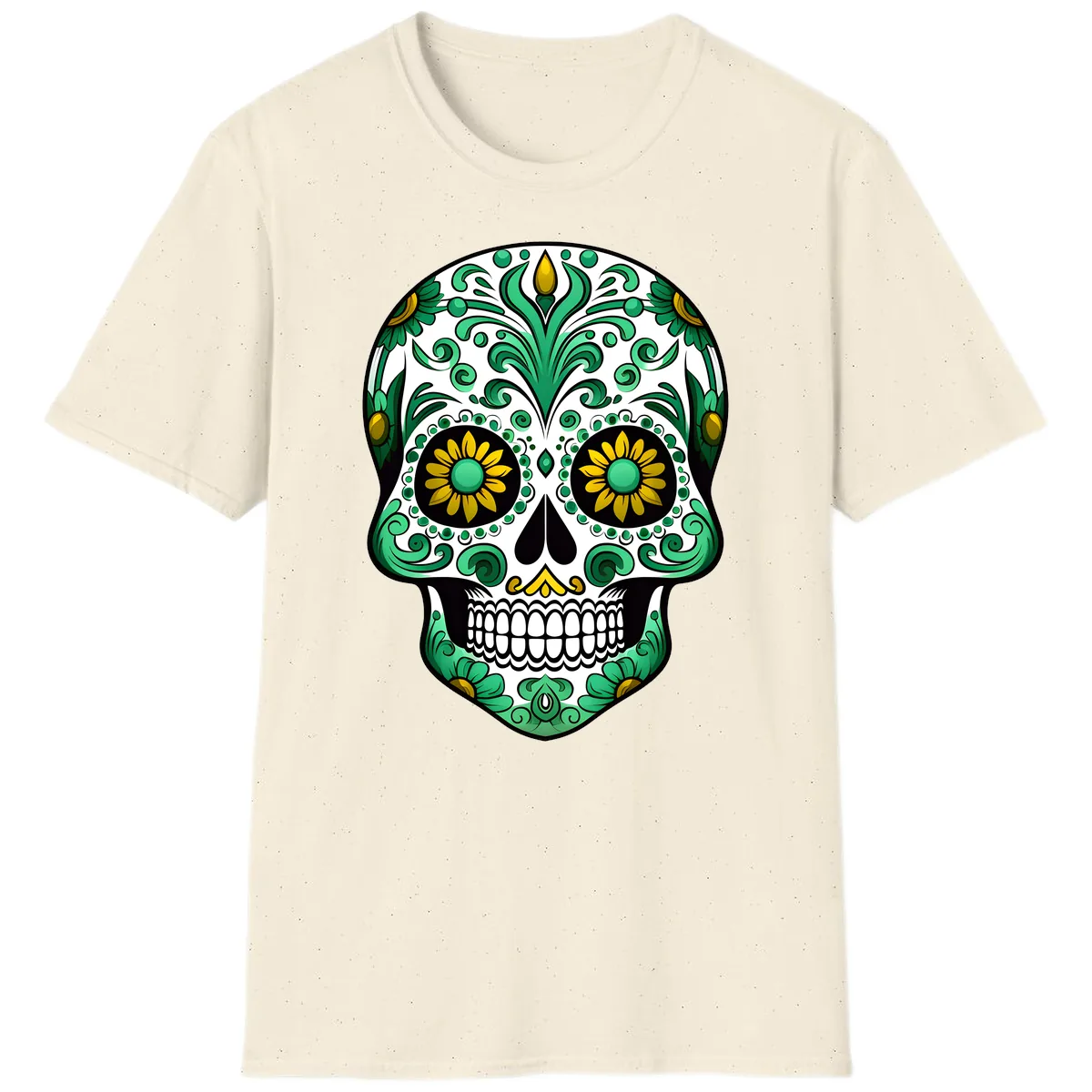 Elegant Green and Gold Floral Calavera Skull T-Shirt in Natural