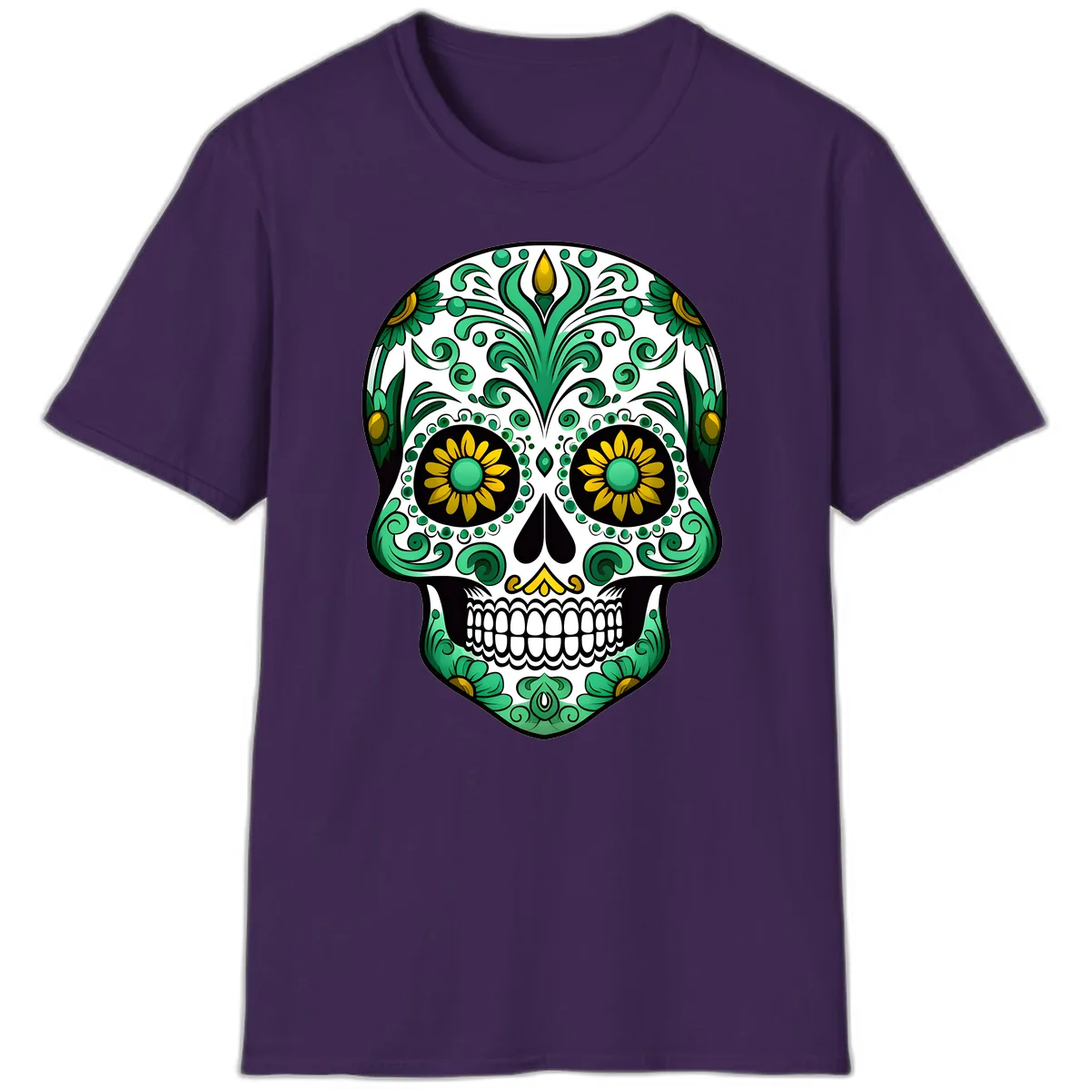 Elegant Green and Gold Floral Calavera Skull T-Shirt in Purple