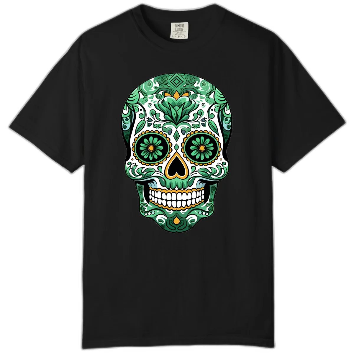 Elaborate Green Calavera Floral Skull Illustration Comfort Color in Black