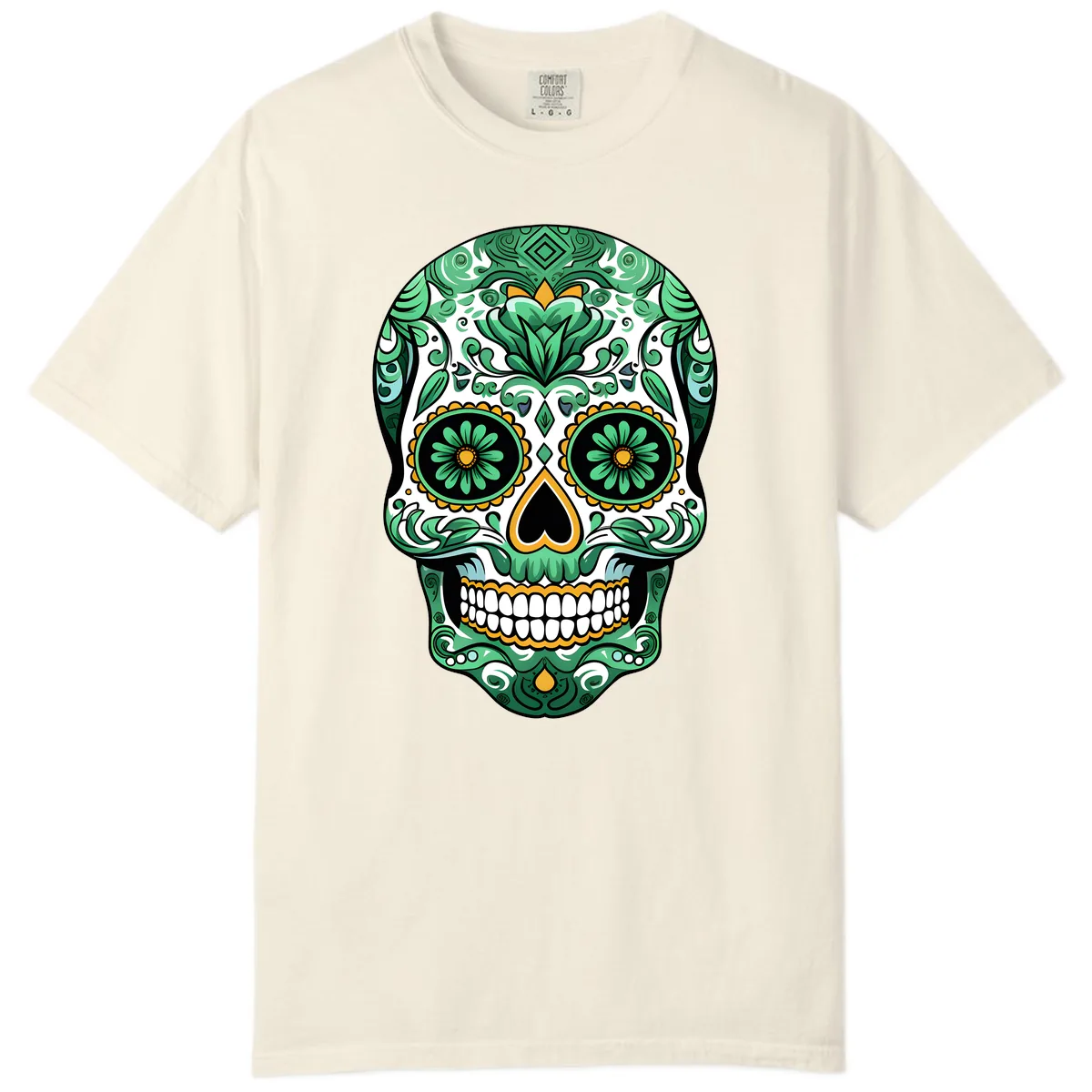 Elaborate Green Calavera Floral Skull Illustration Comfort Color in Ivory