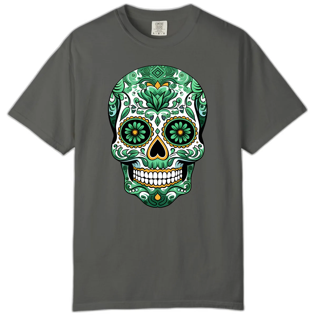 Elaborate Green Calavera Floral Skull Illustration Comfort Color in Pepper