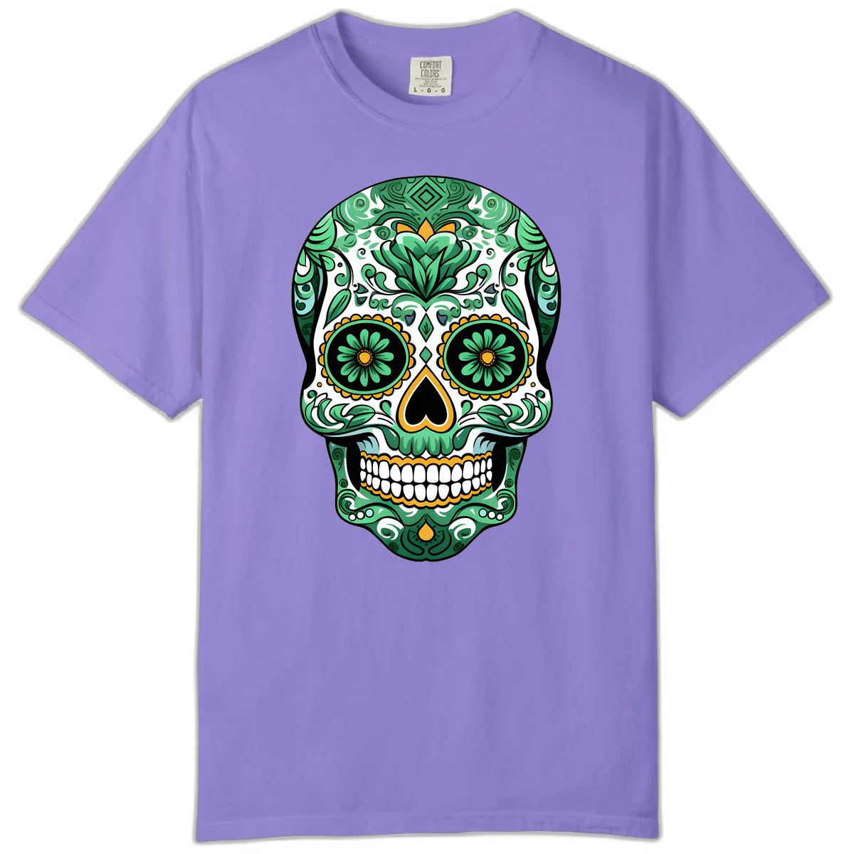 Elaborate Green Calavera Floral Skull Illustration Comfort Color in Violet