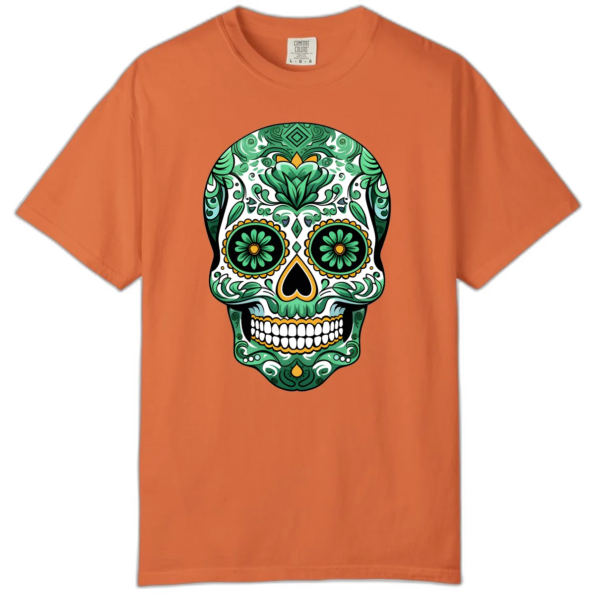 Elaborate Green Calavera Floral Skull Illustration Comfort Color in Burnt Orange