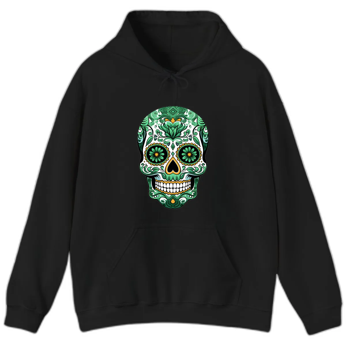 Elaborate Green Calavera Floral Skull Illustration Hoodie in Black