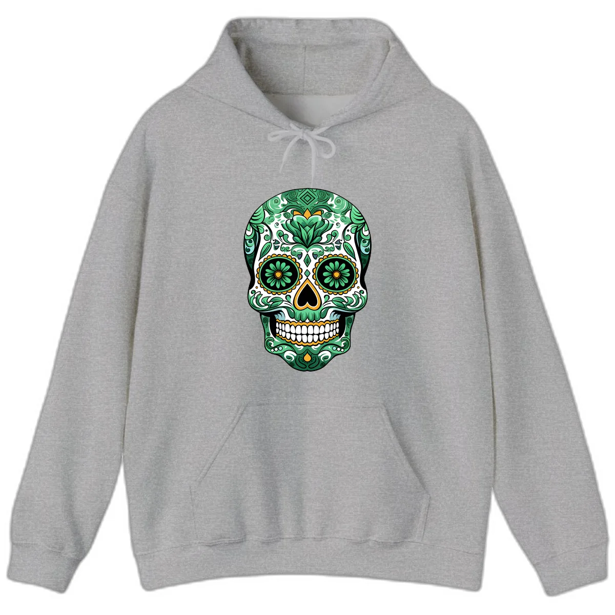 Elaborate Green Calavera Floral Skull Illustration Hoodie in Sport Grey