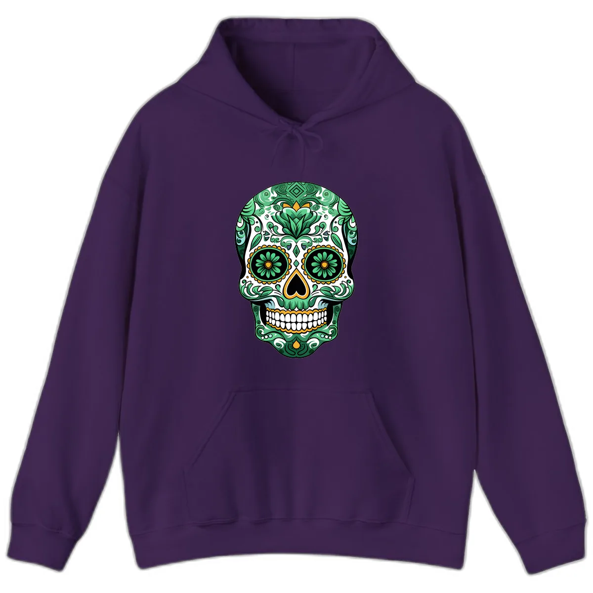 Elaborate Green Calavera Floral Skull Illustration Hoodie in Purple