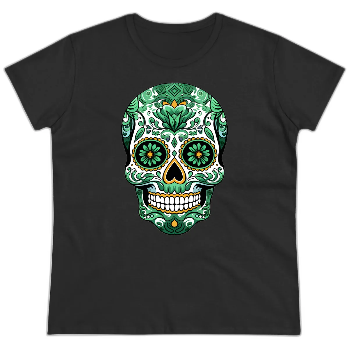Elaborate Green Calavera Floral Skull Illustration Ladies Tee in Black
