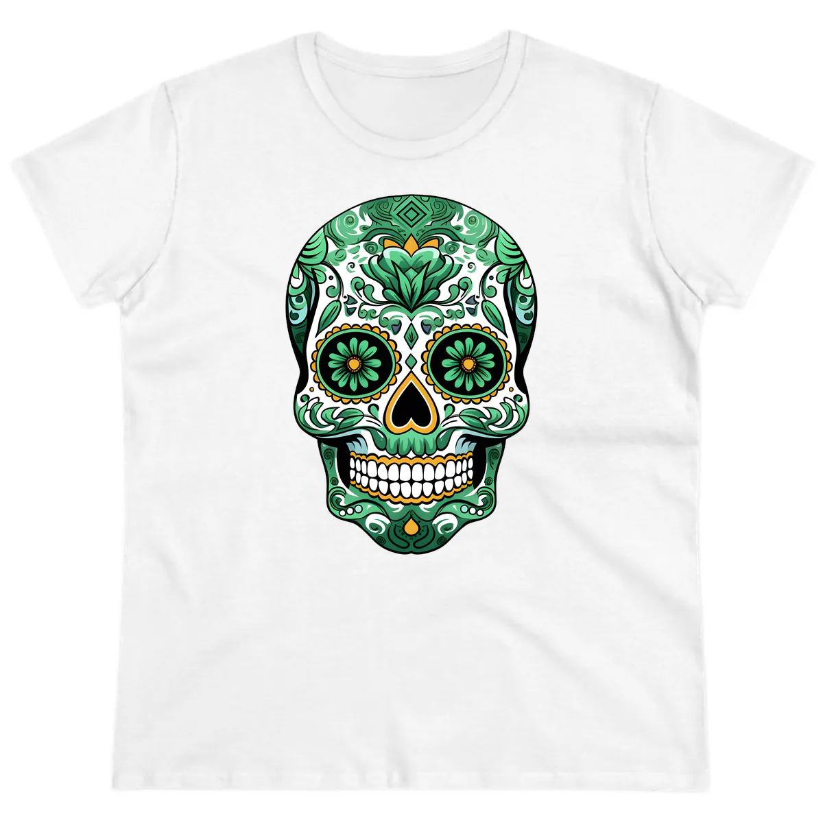 Elaborate Green Calavera Floral Skull Illustration Ladies Tee in White