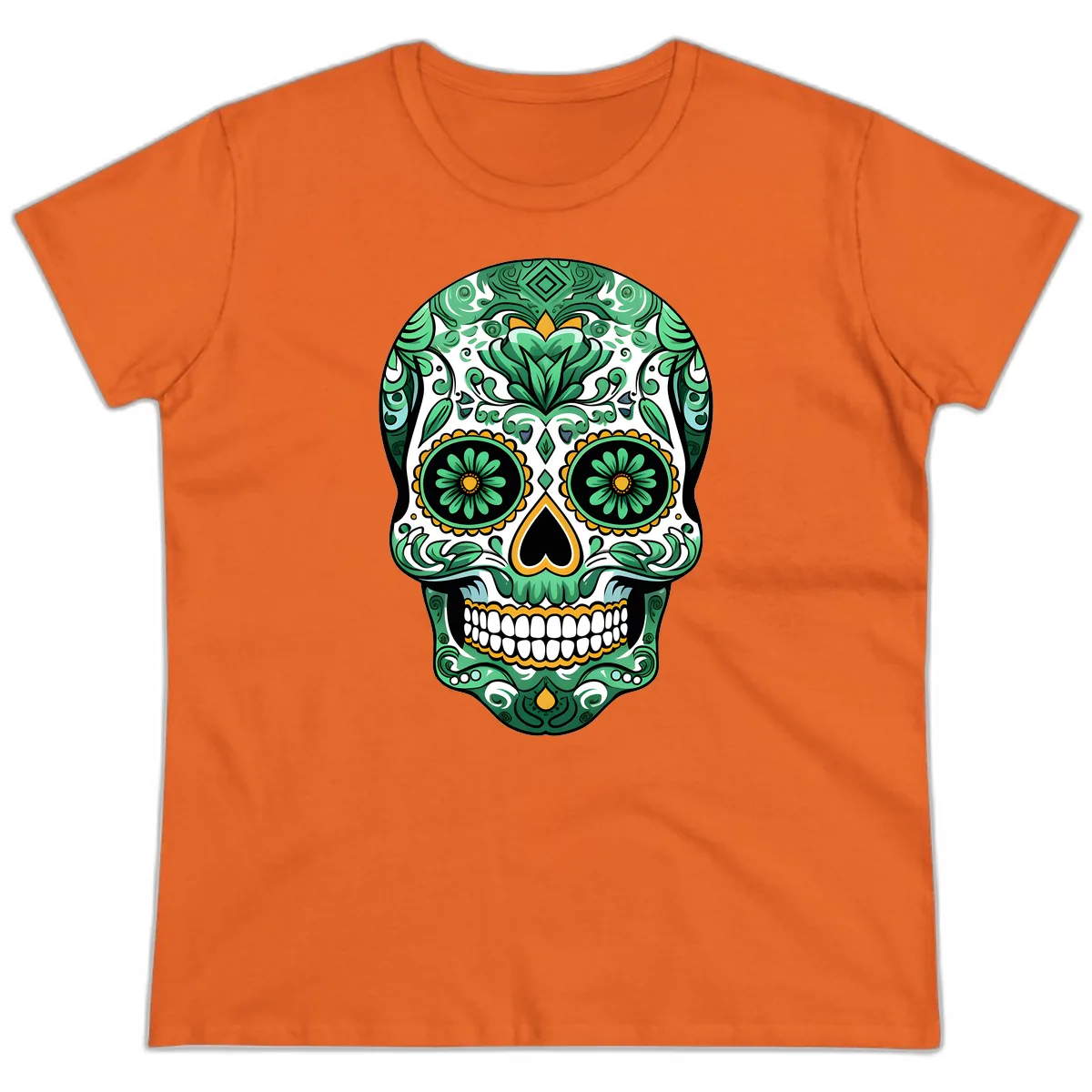 Elaborate Green Calavera Floral Skull Illustration Ladies Tee in Orange
