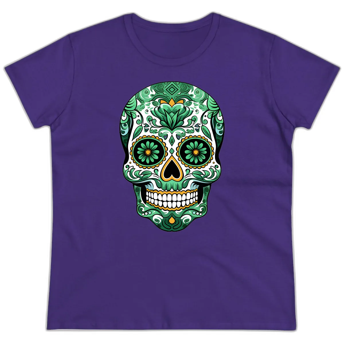 Elaborate Green Calavera Floral Skull Illustration Ladies Tee in Purple
