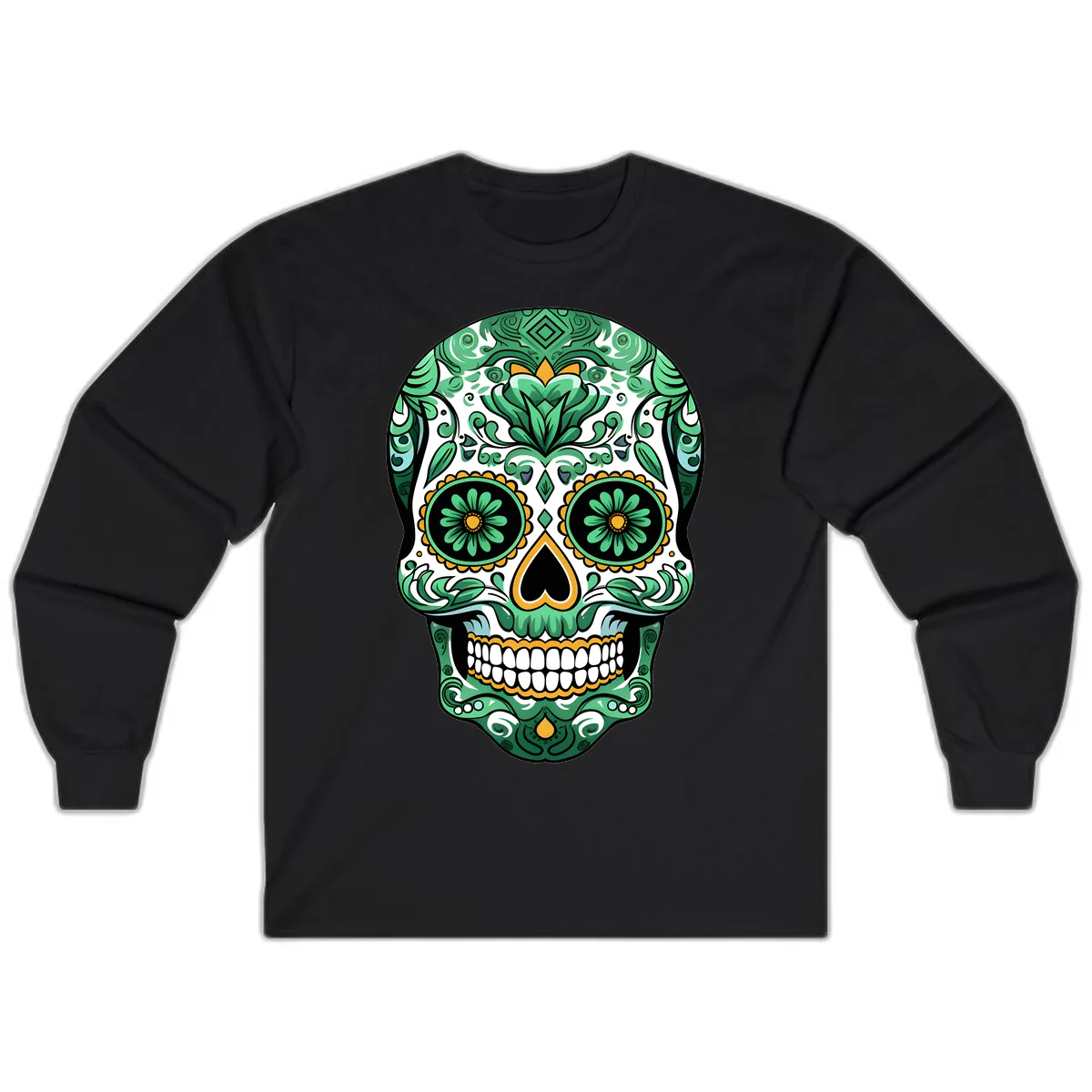 Elaborate Green Calavera Floral Skull Illustration Long Sleeve in Black