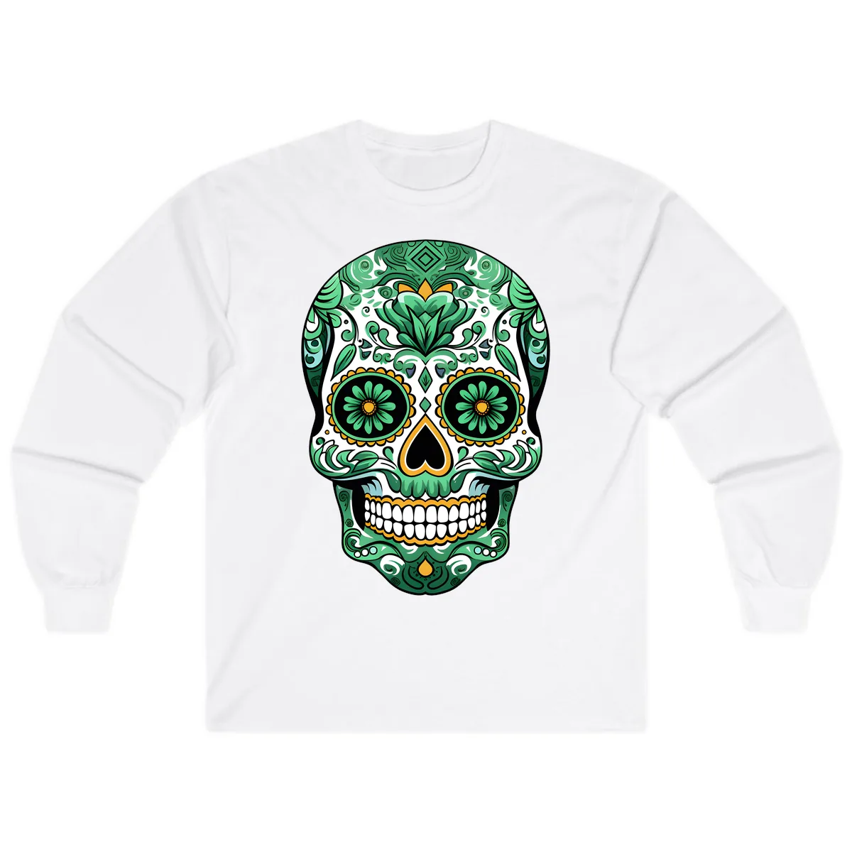 Elaborate Green Calavera Floral Skull Illustration Long Sleeve in White