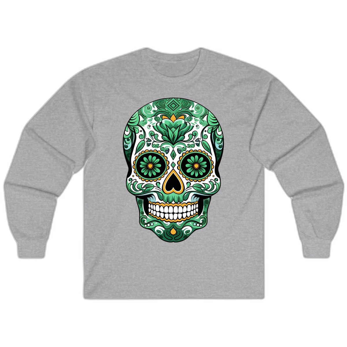 Elaborate Green Calavera Floral Skull Illustration Long Sleeve in Sport Grey
