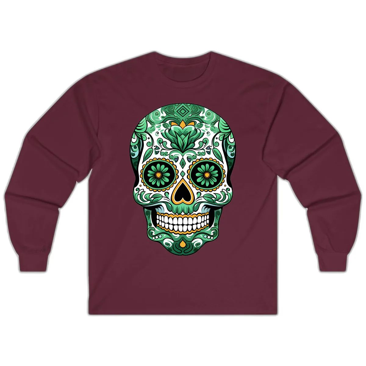 Elaborate Green Calavera Floral Skull Illustration Long Sleeve in Maroon