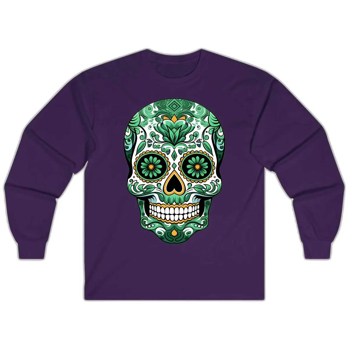 Elaborate Green Calavera Floral Skull Illustration Long Sleeve in Purple