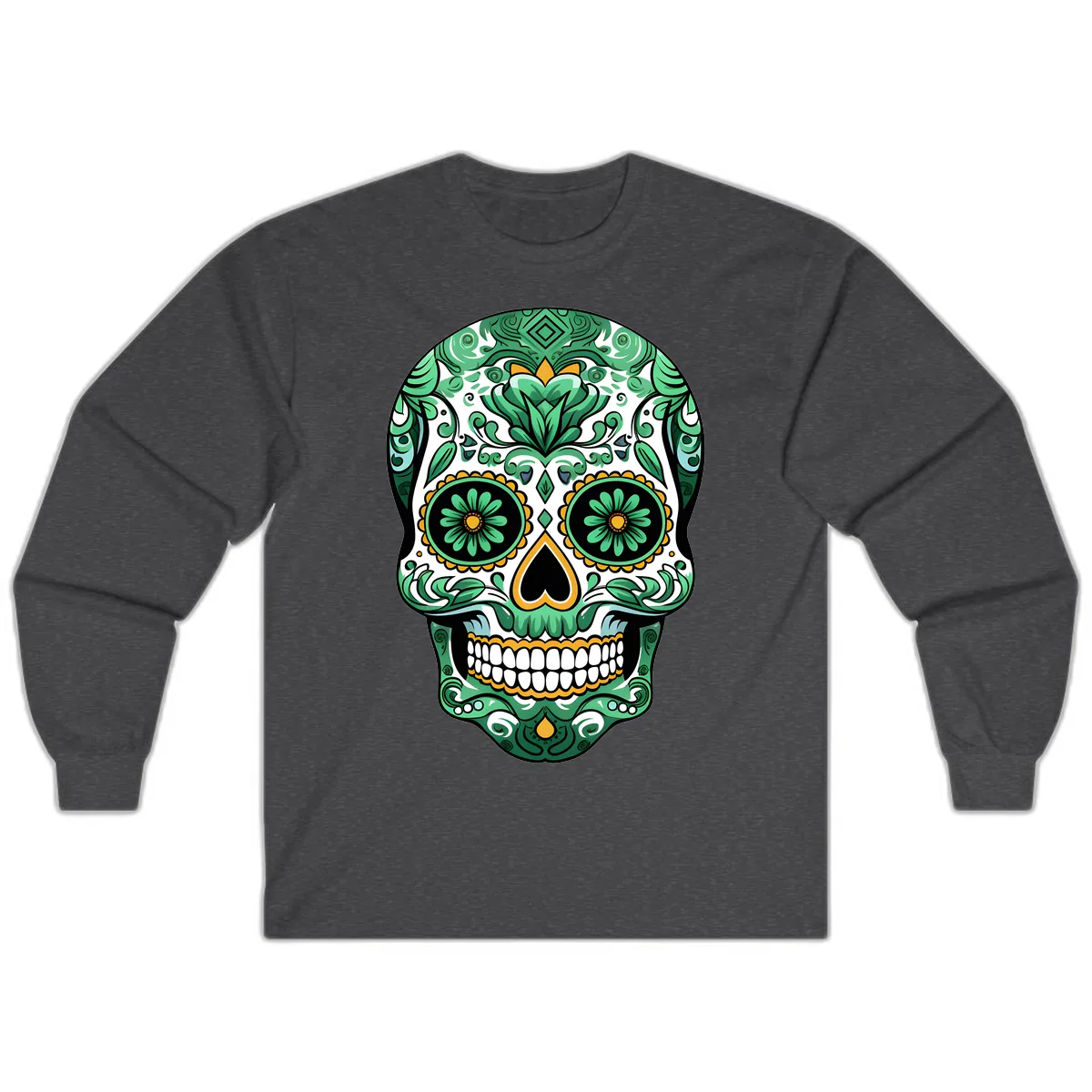 Elaborate Green Calavera Floral Skull Illustration Long Sleeve in Dark Heather