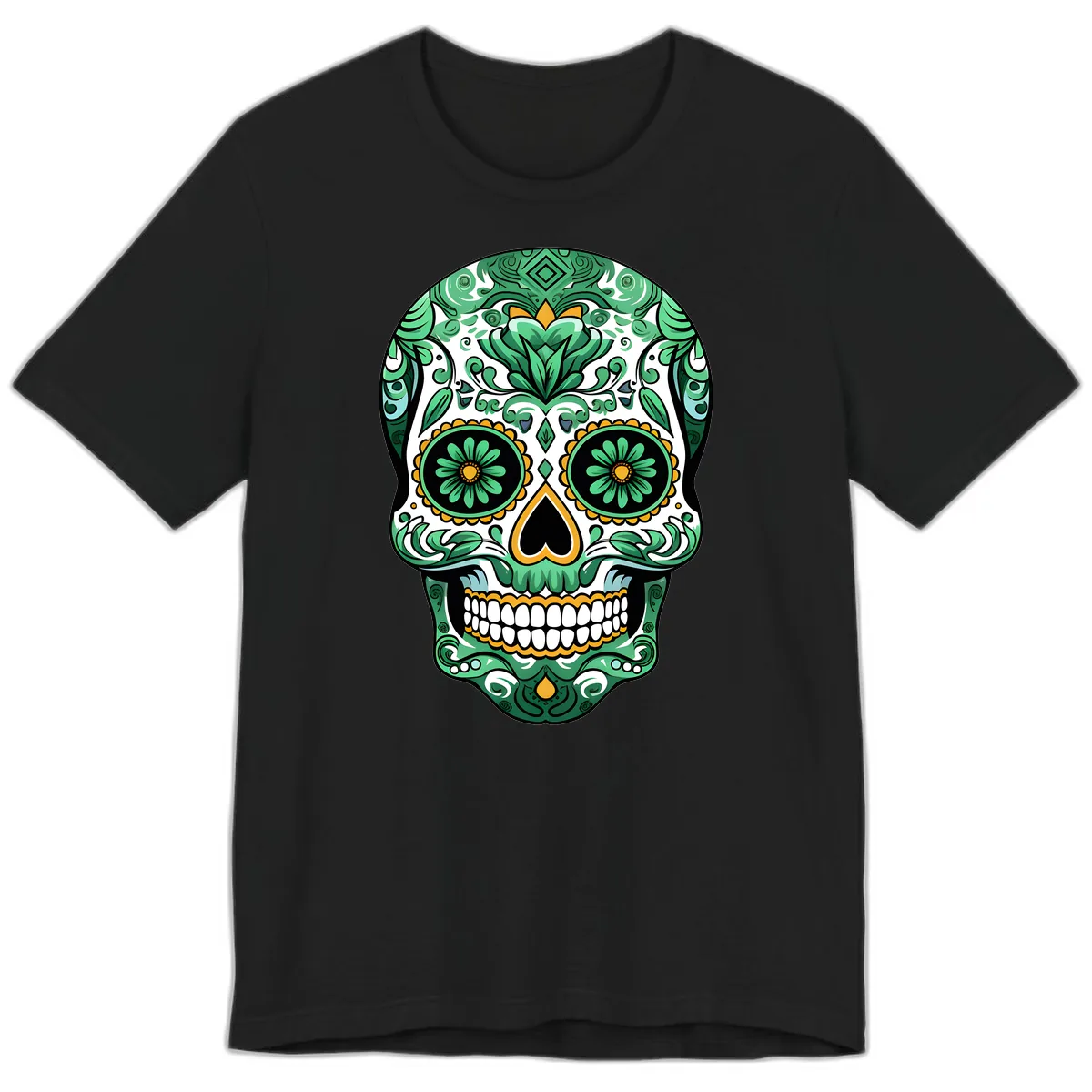 Elaborate Green Calavera Floral Skull Illustration Premium T-Shirt in Black
