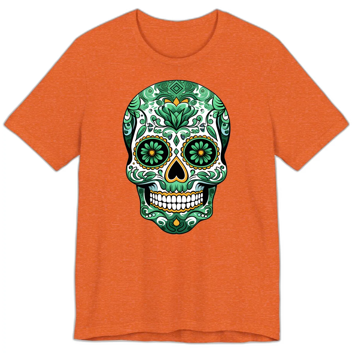 Elaborate Green Calavera Floral Skull Illustration Premium T-Shirt in Heather Orange