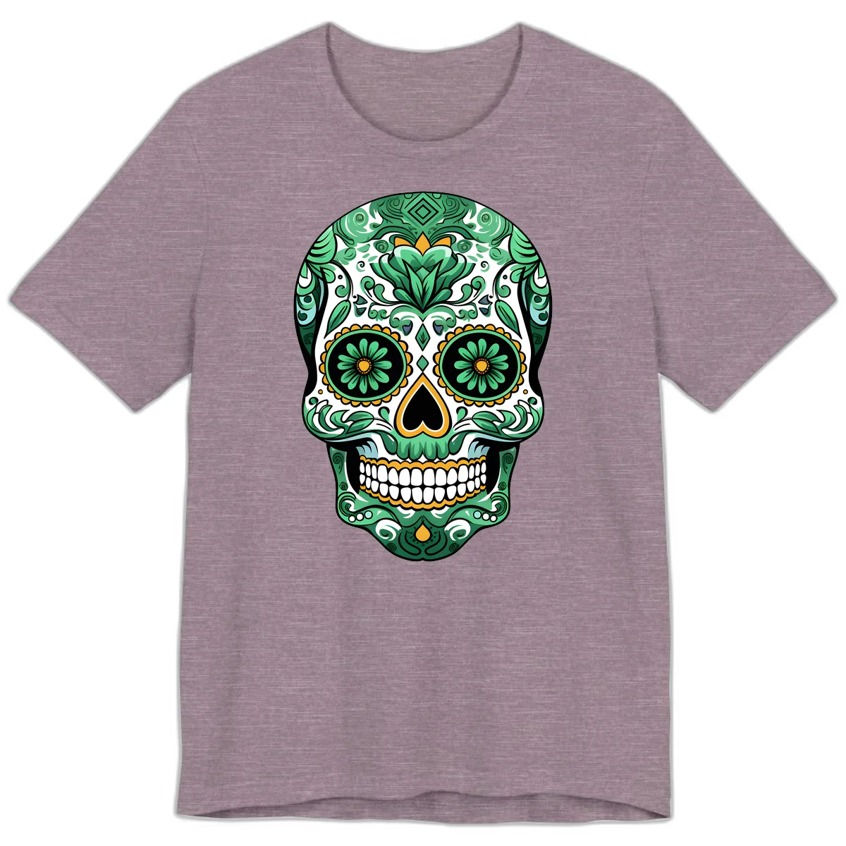 Elaborate Green Calavera Floral Skull Illustration Premium T-Shirt in Heather Purple