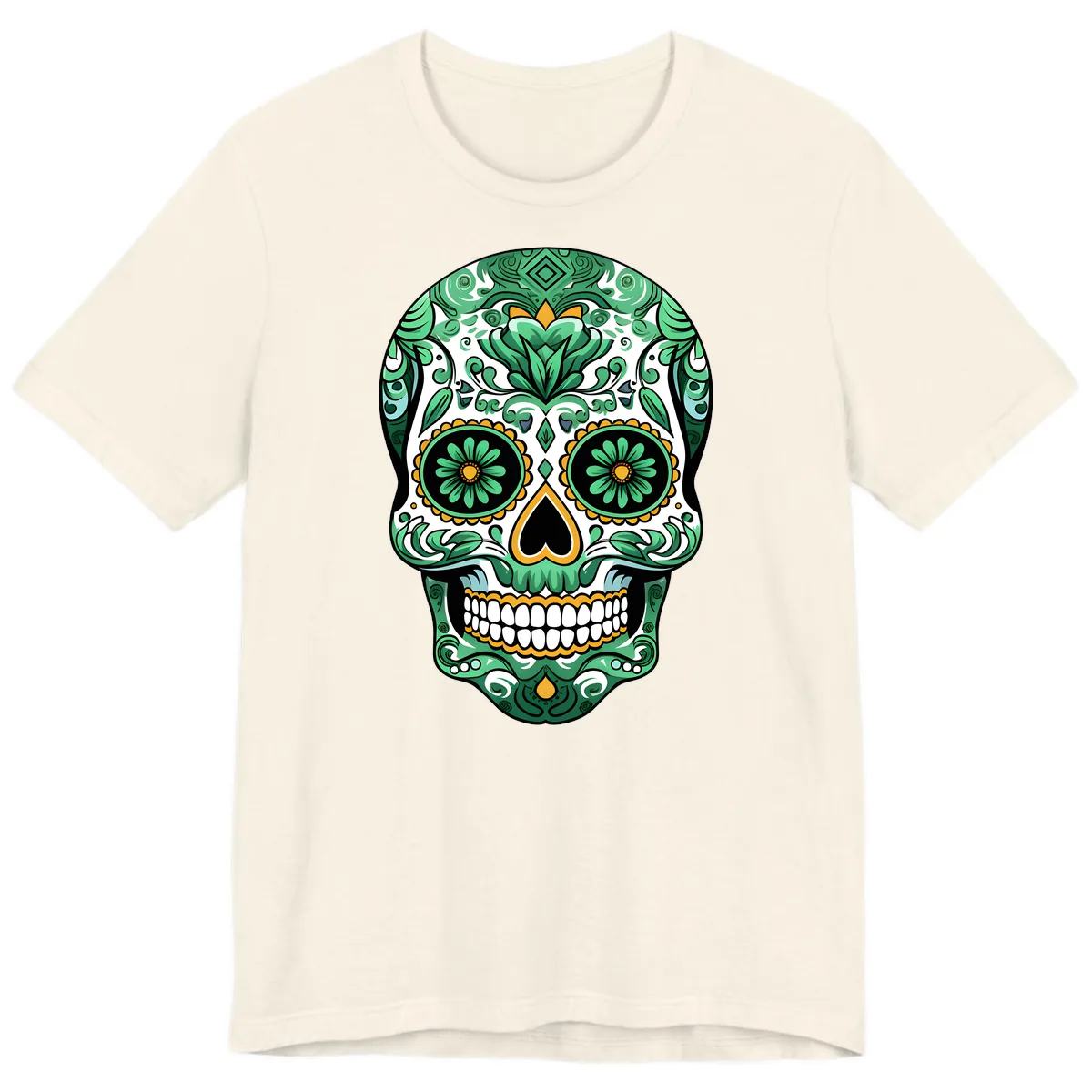 Elaborate Green Calavera Floral Skull Illustration Premium T-Shirt in Natural