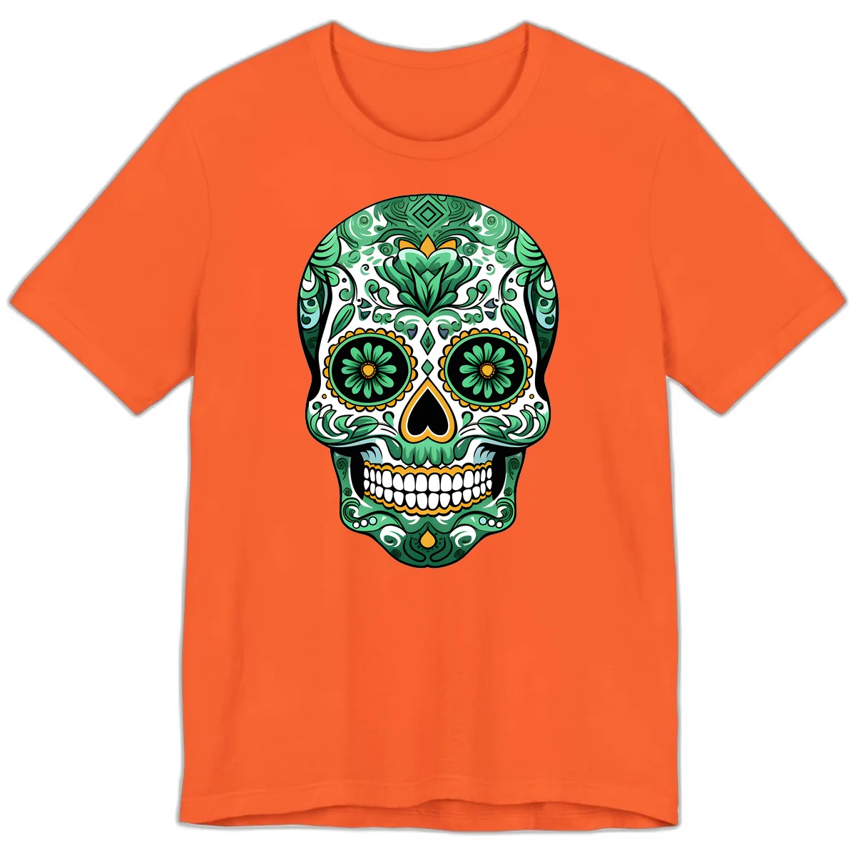Elaborate Green Calavera Floral Skull Illustration Premium T-Shirt in Orange