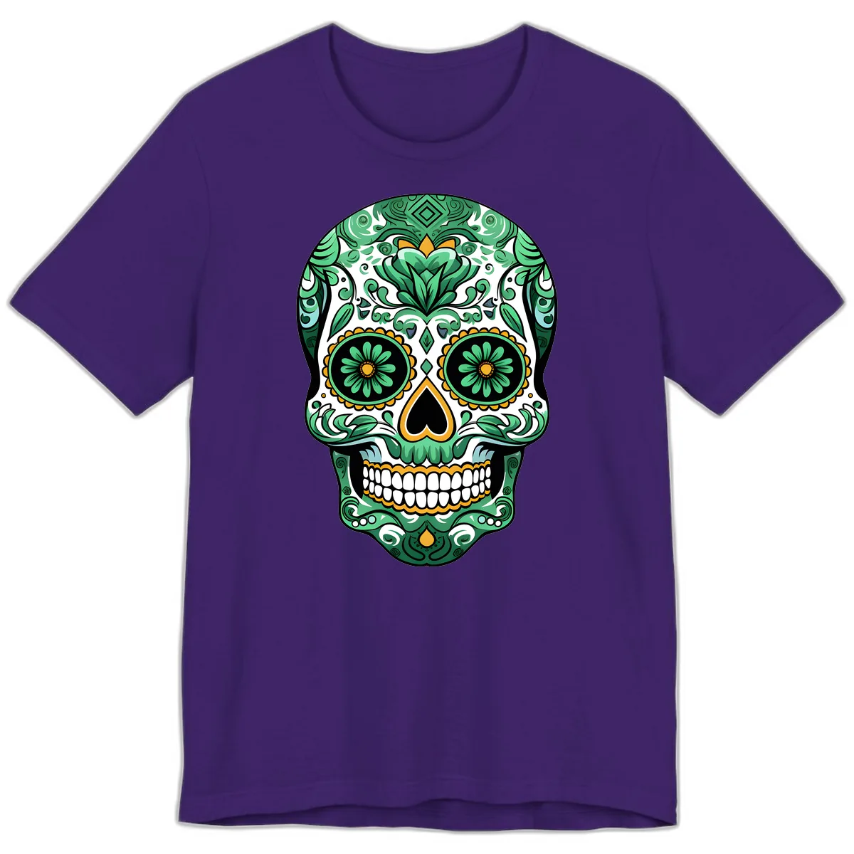 Elaborate Green Calavera Floral Skull Illustration Premium T-Shirt in Team Purple
