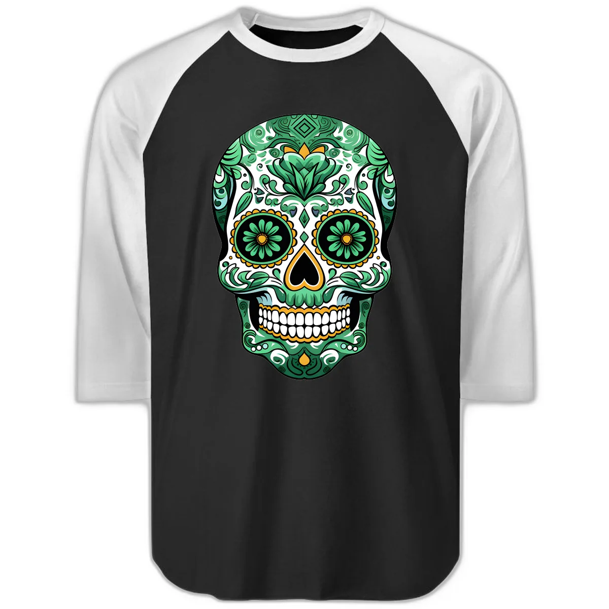 Elaborate Green Calavera Floral Skull Illustration Raglan 3/4 in Black White