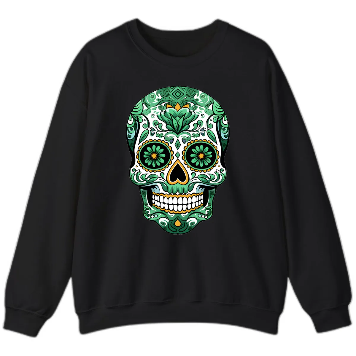 Elaborate Green Calavera Floral Skull Illustration Sweatshirt in Black