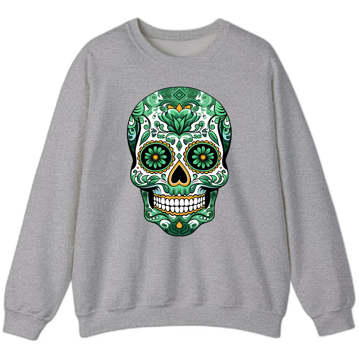 Elaborate Green Calavera Floral Skull Illustration Sweatshirt in Sport Grey