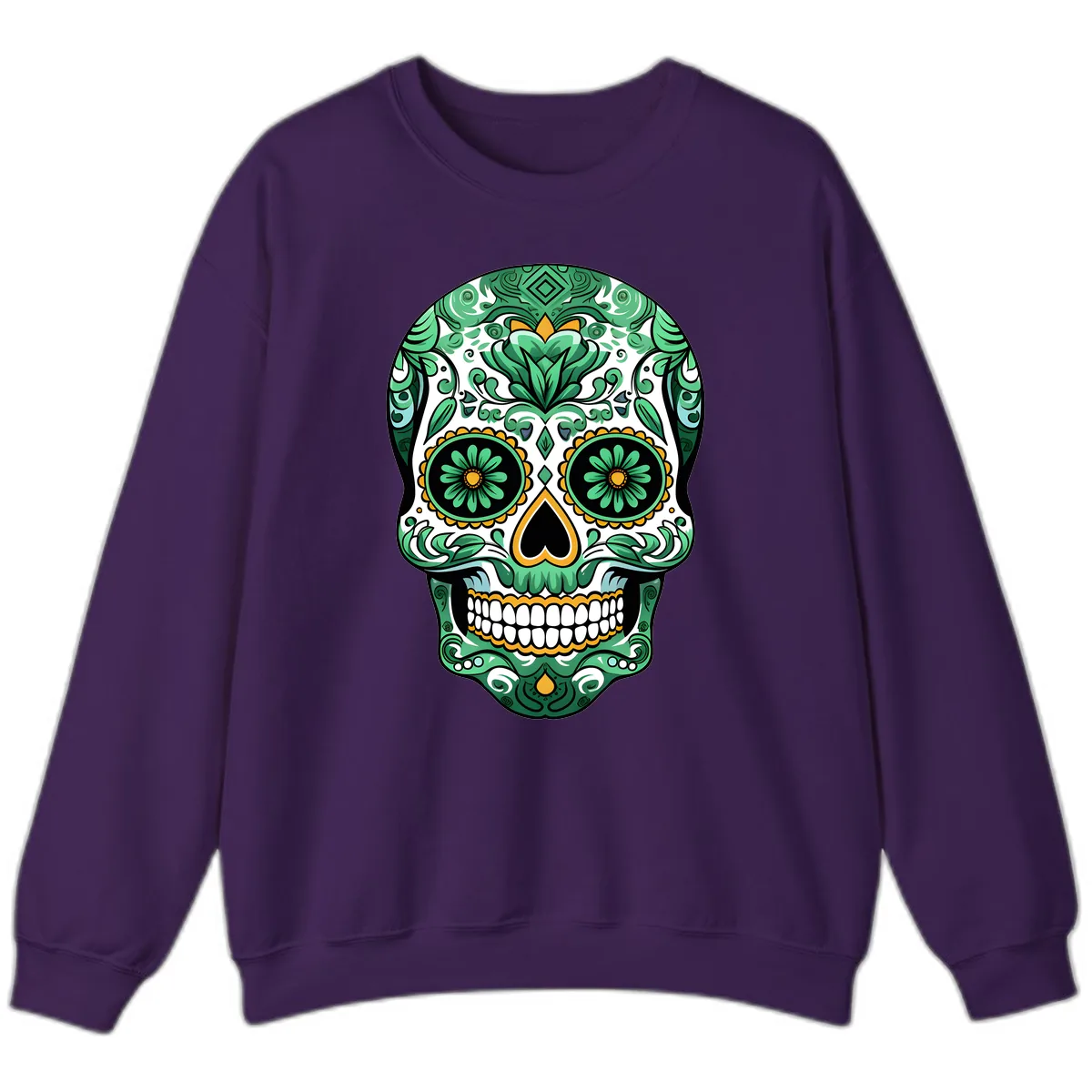 Elaborate Green Calavera Floral Skull Illustration Sweatshirt in Purple
