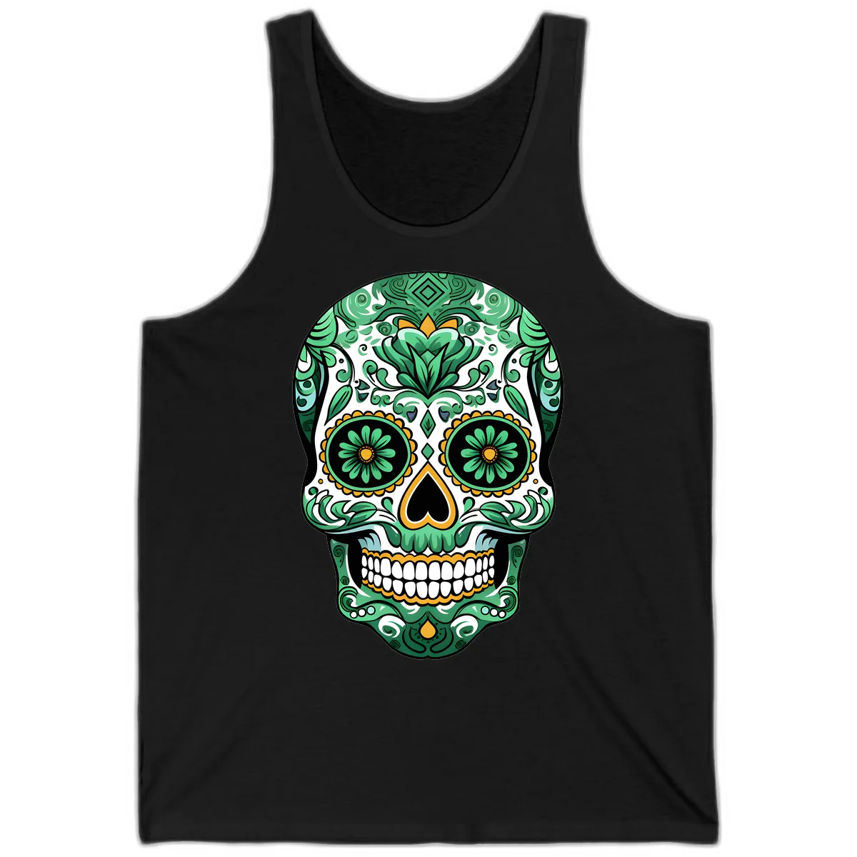 Elaborate Green Calavera Floral Skull Illustration Tank in Black