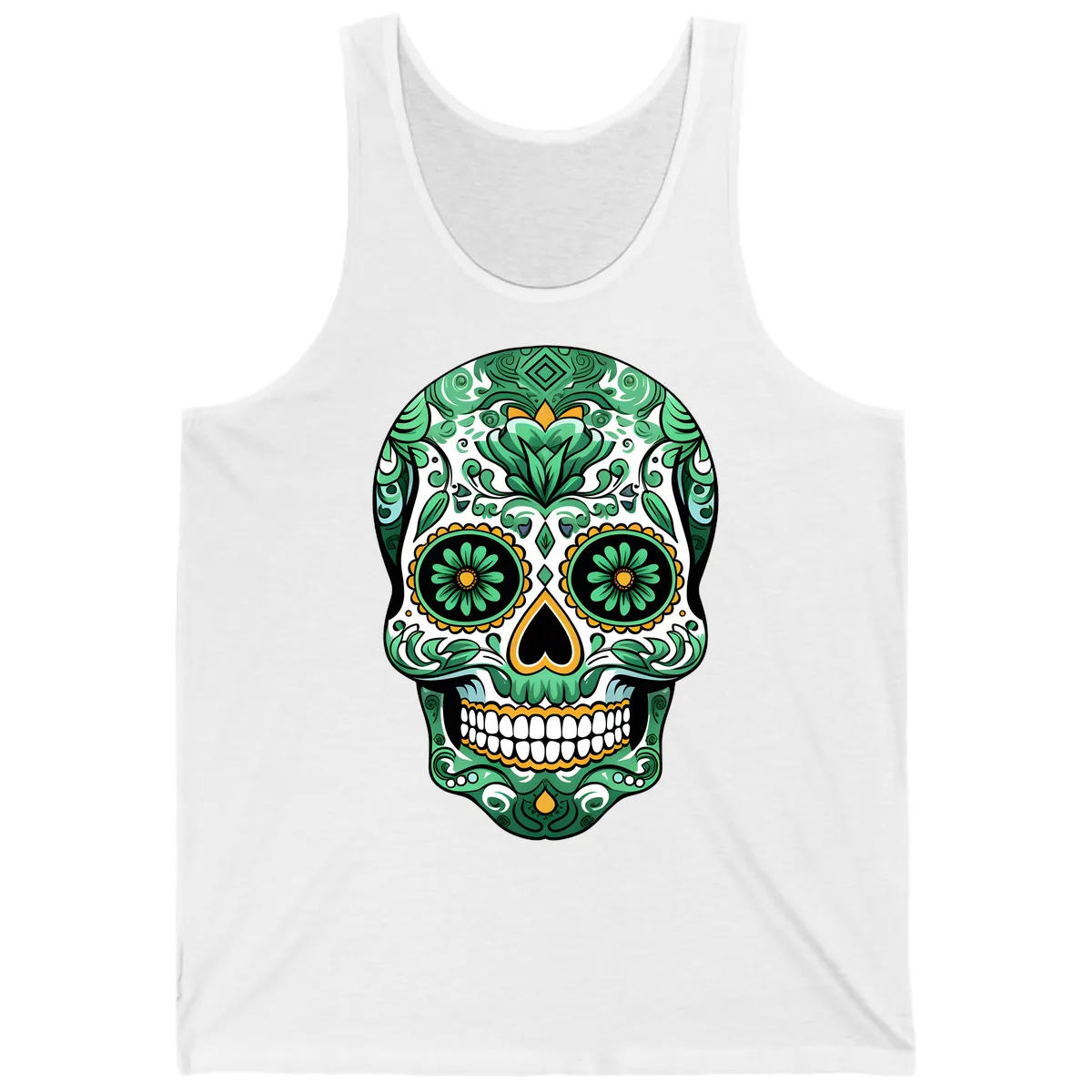 Elaborate Green Calavera Floral Skull Illustration Tank in White