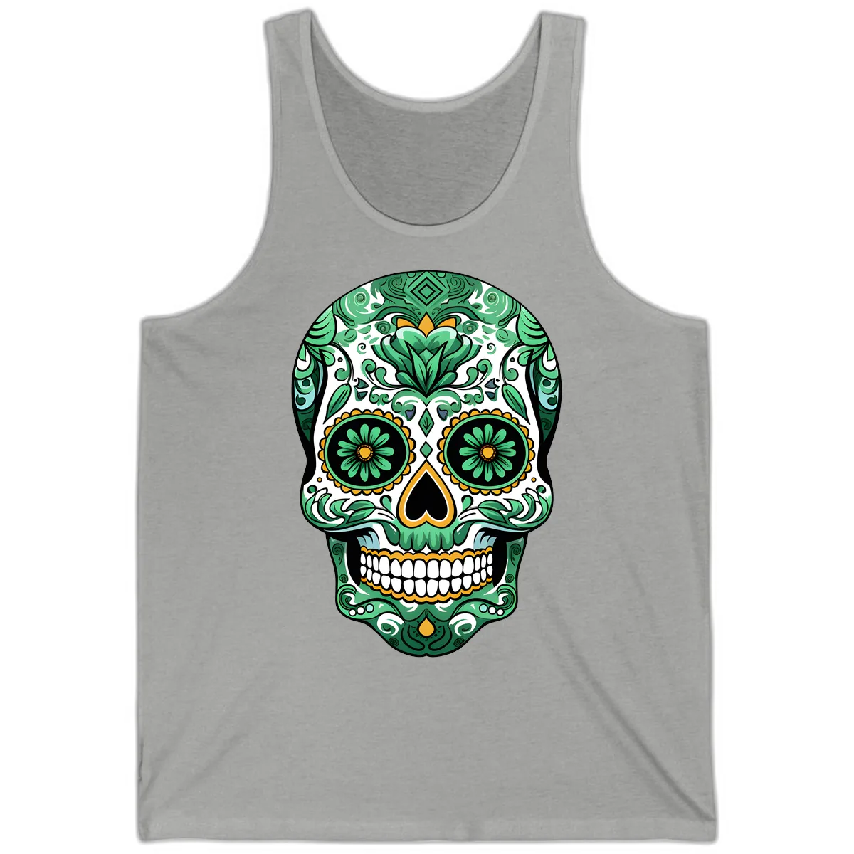 Elaborate Green Calavera Floral Skull Illustration Tank in Athletic Heather