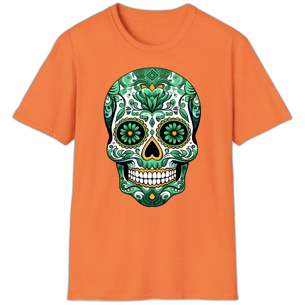 Elaborate Green Calavera Floral Skull Illustration T-Shirt in Heather Orange