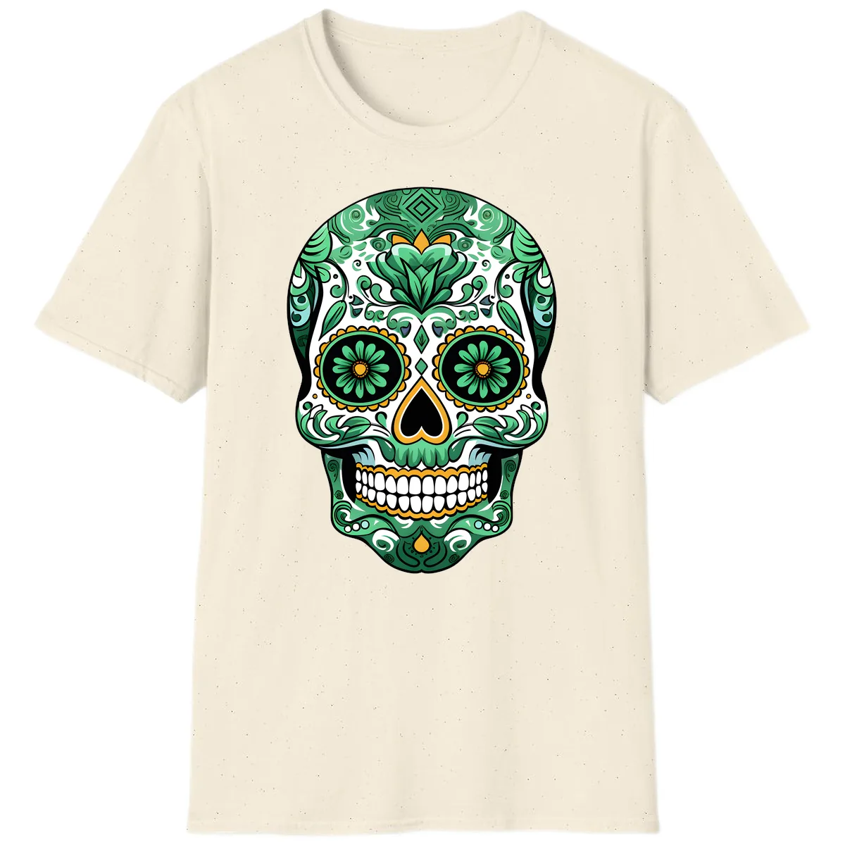 Elaborate Green Calavera Floral Skull Illustration T-Shirt in Natural