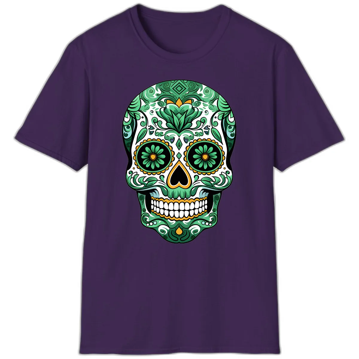 Elaborate Green Calavera Floral Skull Illustration T-Shirt in Purple