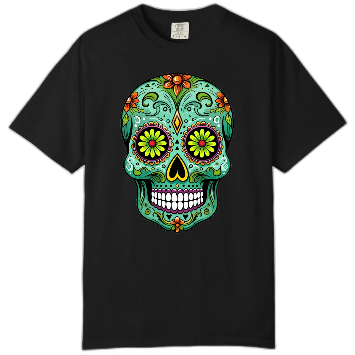 Vibrant Floral Sugar Skull Calavera Art Comfort Color in Black