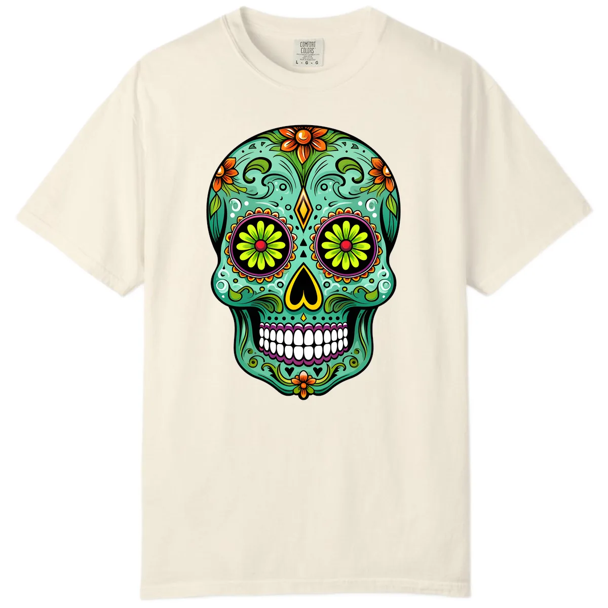 Vibrant Floral Sugar Skull Calavera Art Comfort Color in Ivory