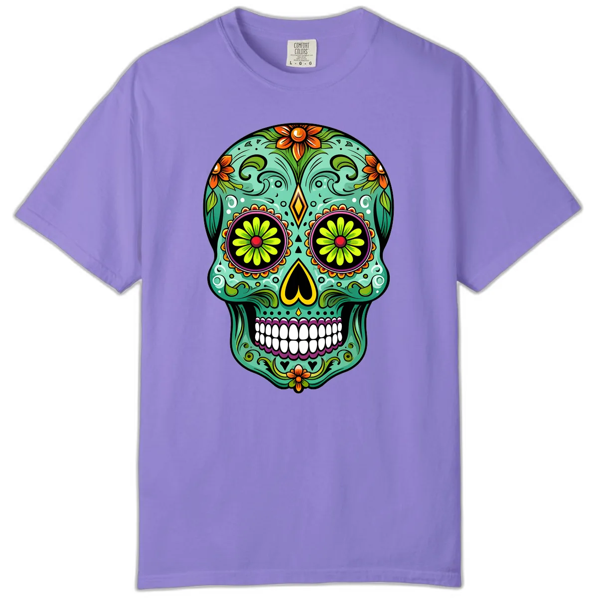 Vibrant Floral Sugar Skull Calavera Art Comfort Color in Violet