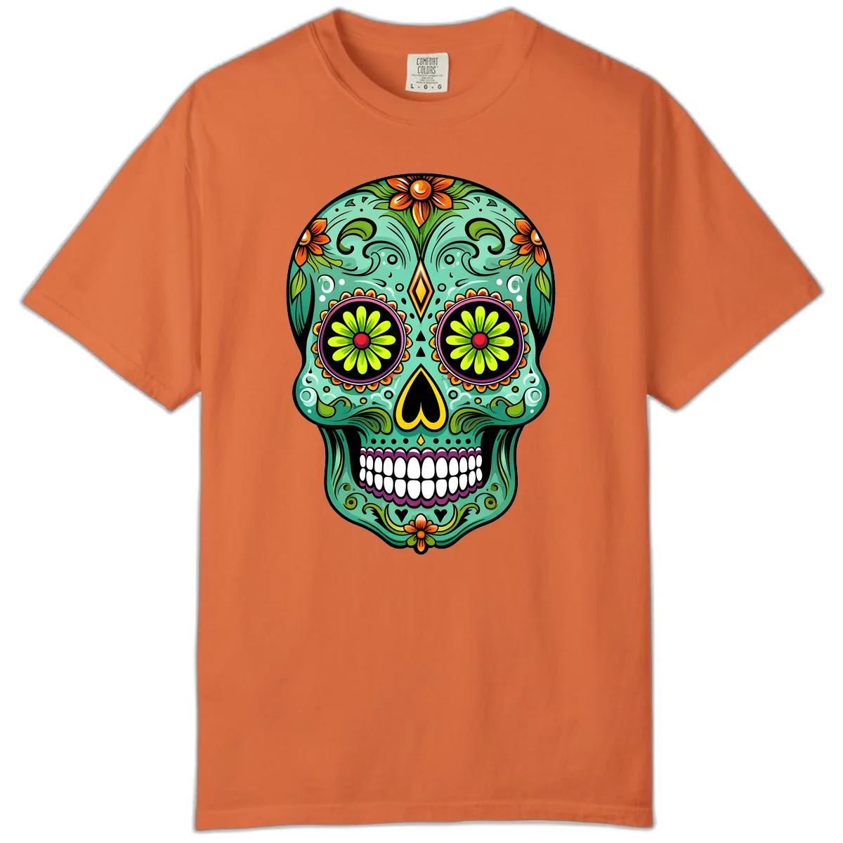 Vibrant Floral Sugar Skull Calavera Art Comfort Color in Burnt Orange